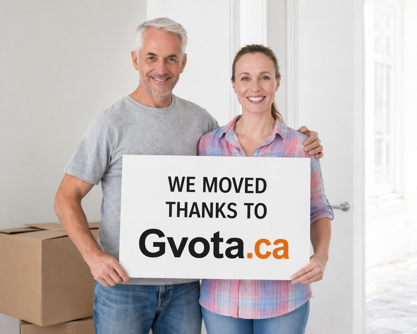 Customer holding moving boxes in a bright new house